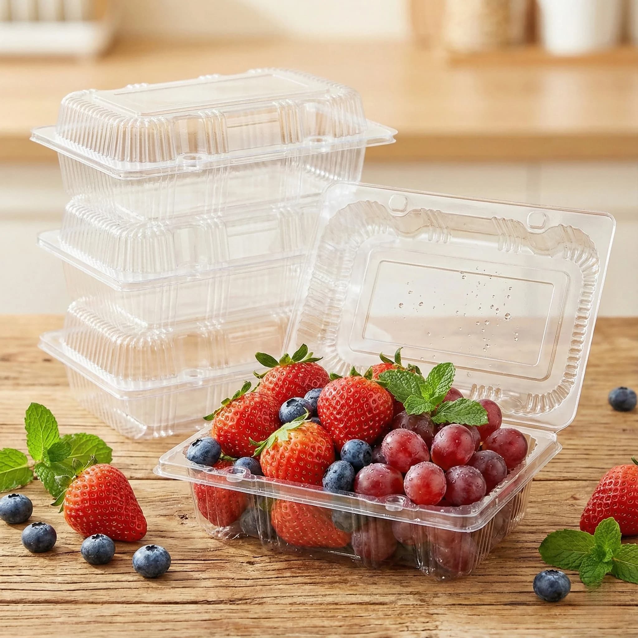 Pack of 50 disposable plastic trays: robust fruit and snack containers