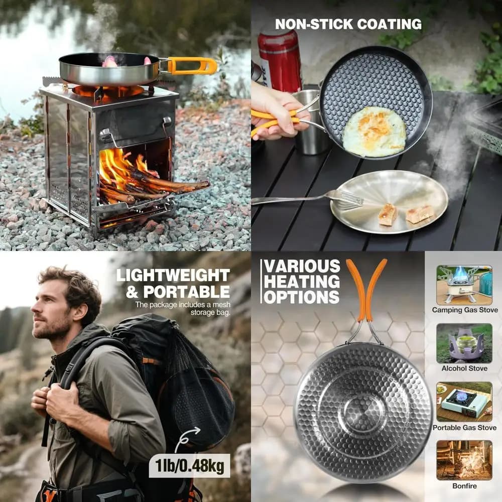 Set of 2 Non-stick pans, Stainless Steel Portable pan with Foldable Handle for Open Kitchen, Light for Camping