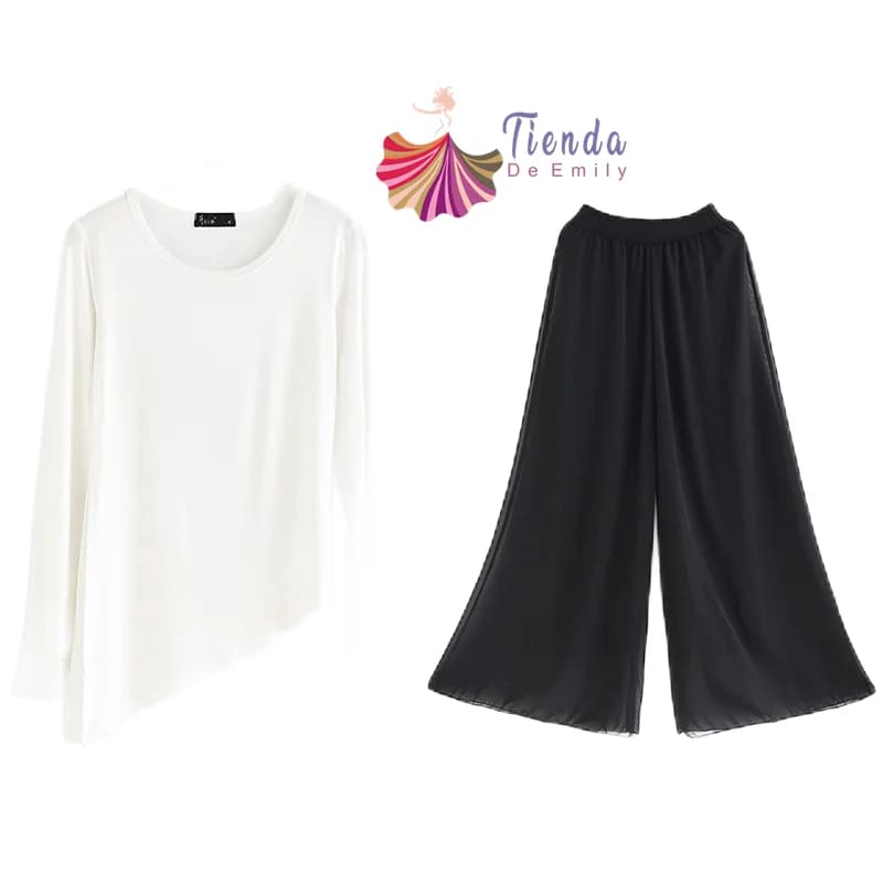 Tuta da ballo moderna a maniche lunghe da donna Camicia girocollo in chiffon Gambe larghe Pantaloni 2 pezzi Abbigliamento da ballo classico Set da yoga 2882 2871