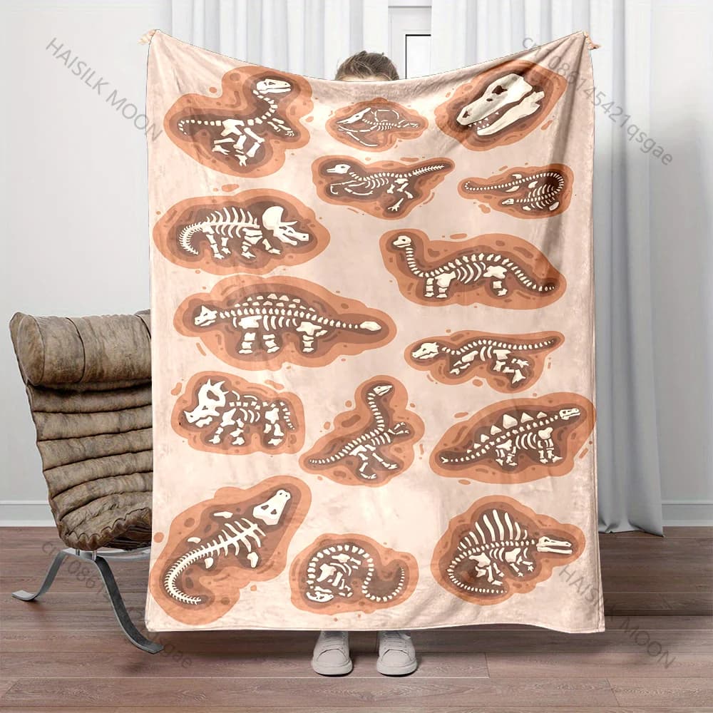 1PC Coperta calda con stampa illustrativa di fossili di dinosauro, per adulti e bambini, per casa, viaggi, auto, morbida, confortevole, regalo di lusso