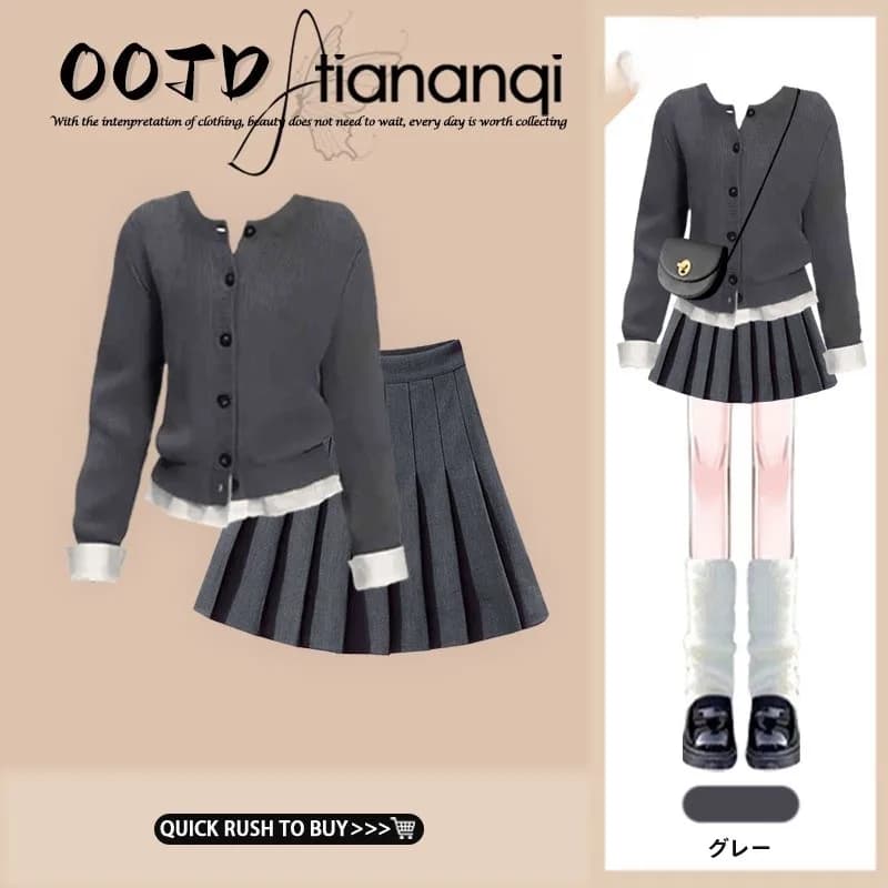 Slim Fit Long Sleeve Blouse And Pleated Skirt Two Piece Set Fashionable Korean Style Autumn Collection Body Concealing Ensemble