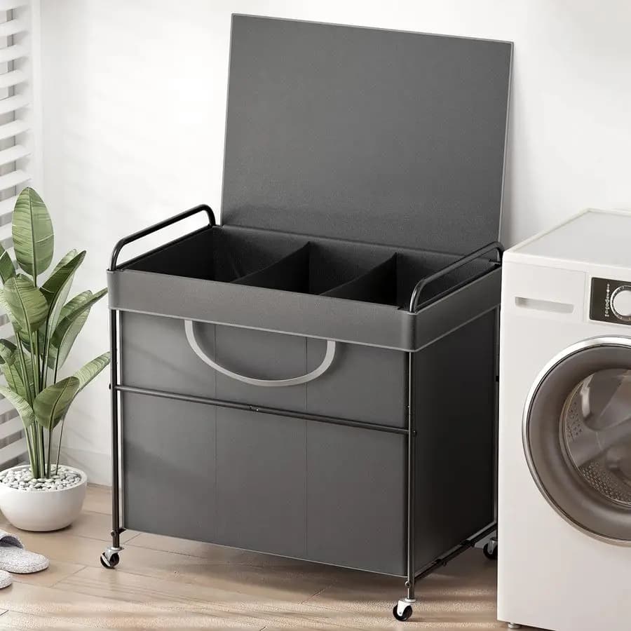 Large whiteware basket, 3 compartment whitewasher basket with lid, removable bag with metal frame with industrial wheels, suitable