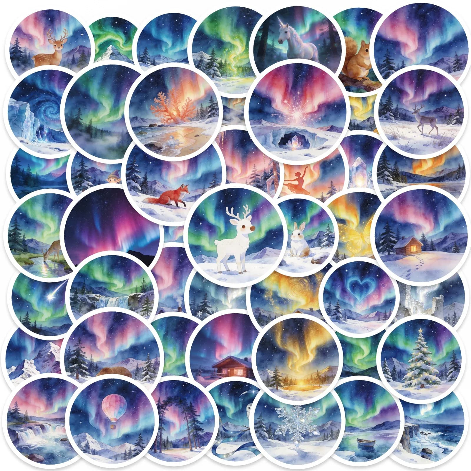 50 Pezzi Adesivi Rotondi Impermeabili con Motivi Aurora Galattica e Scenari Notturni, per Decorare Valigie, Telefoni, Tazze, Caschi da Skate, Cartelle e Decalcomanie