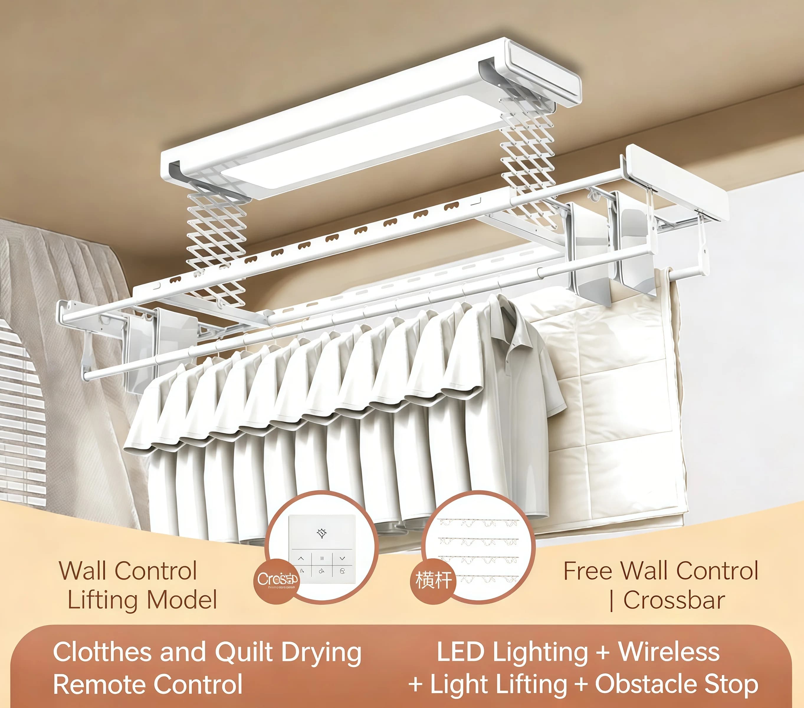 Intelligent Electric Wall Dryer with Remote Control, Liftable, Stretchable, Foldable, LED Lighting