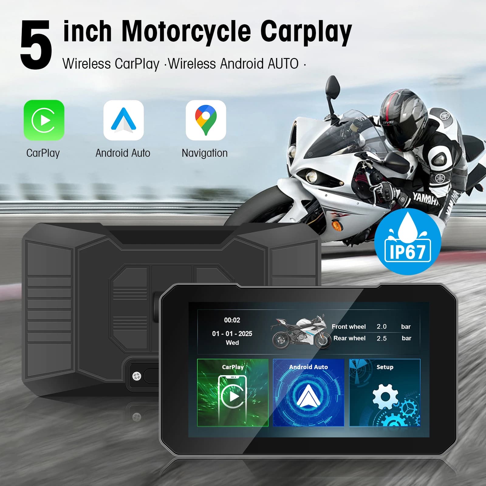 5 Inch IP67 Waterproof Motorcycle Touch Screen with Wireless CarPlay Android Auto Fast Boot for Motorcycle E-Bike ATV Navigation