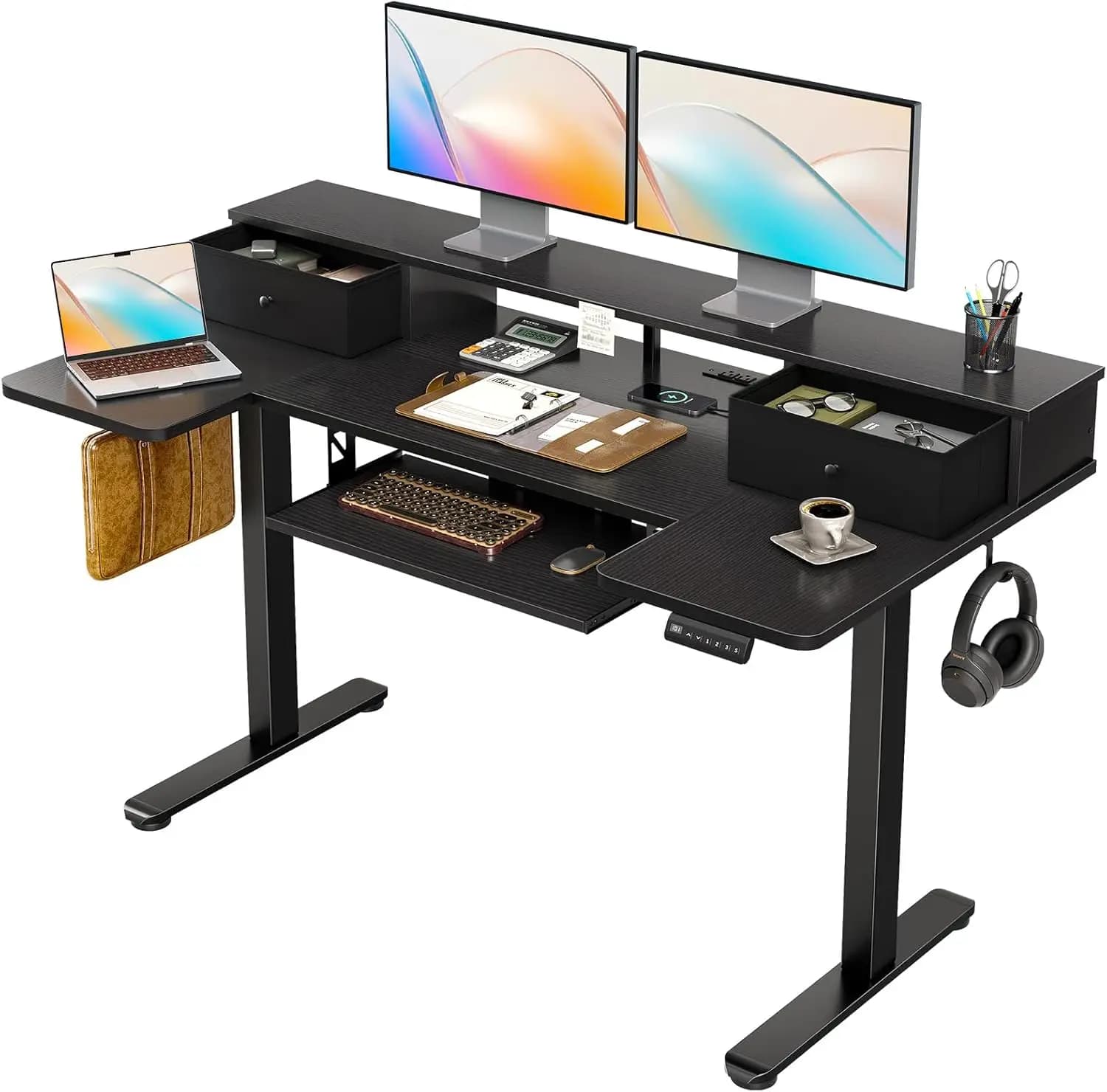 Scrivania elettrica a forma di U con cassetti, scrivania regolabile in altezza da 55 pollici con vassoio per tastiera e supporto ergonomico per monitor
