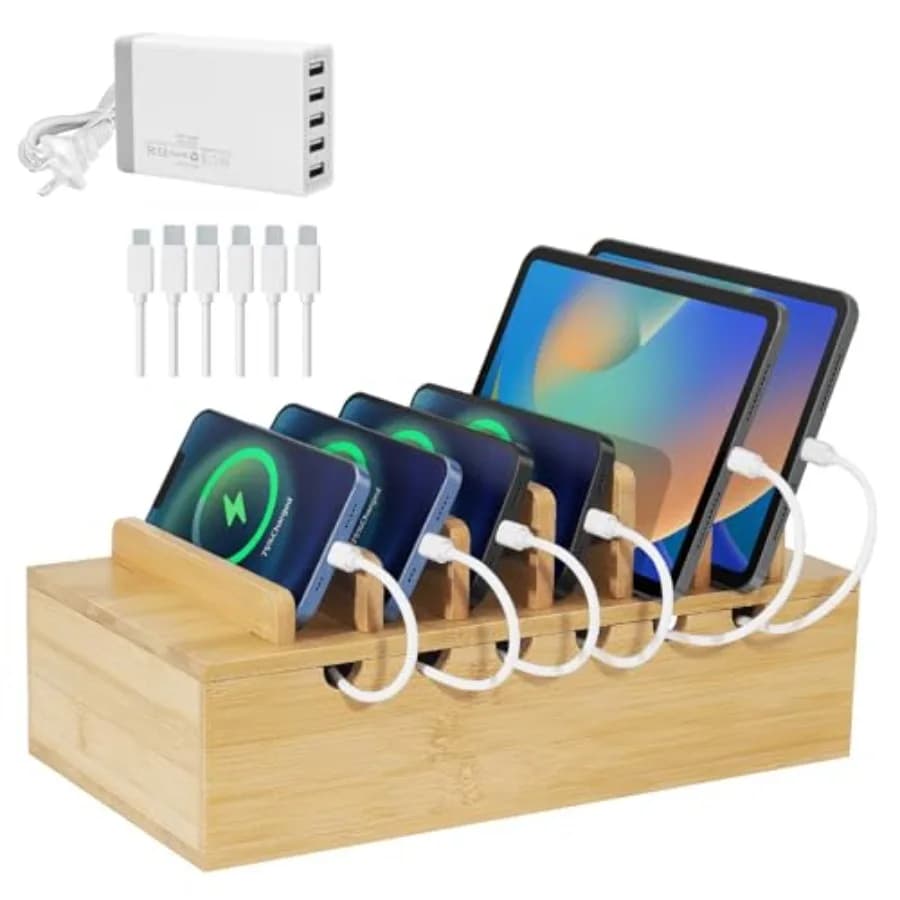 Bamboo Charging Station Organizer Multi-Device Charging Dock with Cable Management Phone Tablet Stand for Home Office 5-Port US