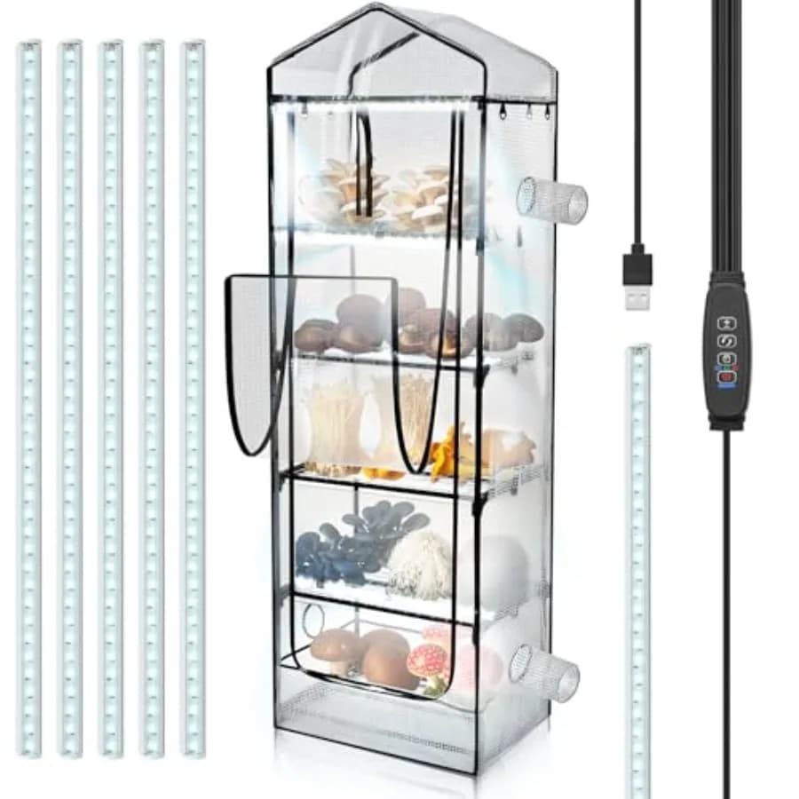 Kit Tenda per Coltivazione Funghi a 5 Livelli Extra Alta 80 x 19 x 27 Pollici con Luce LED 6500K, Timer, 4 Prese di Ventilazione e Umidificatore Integrato
