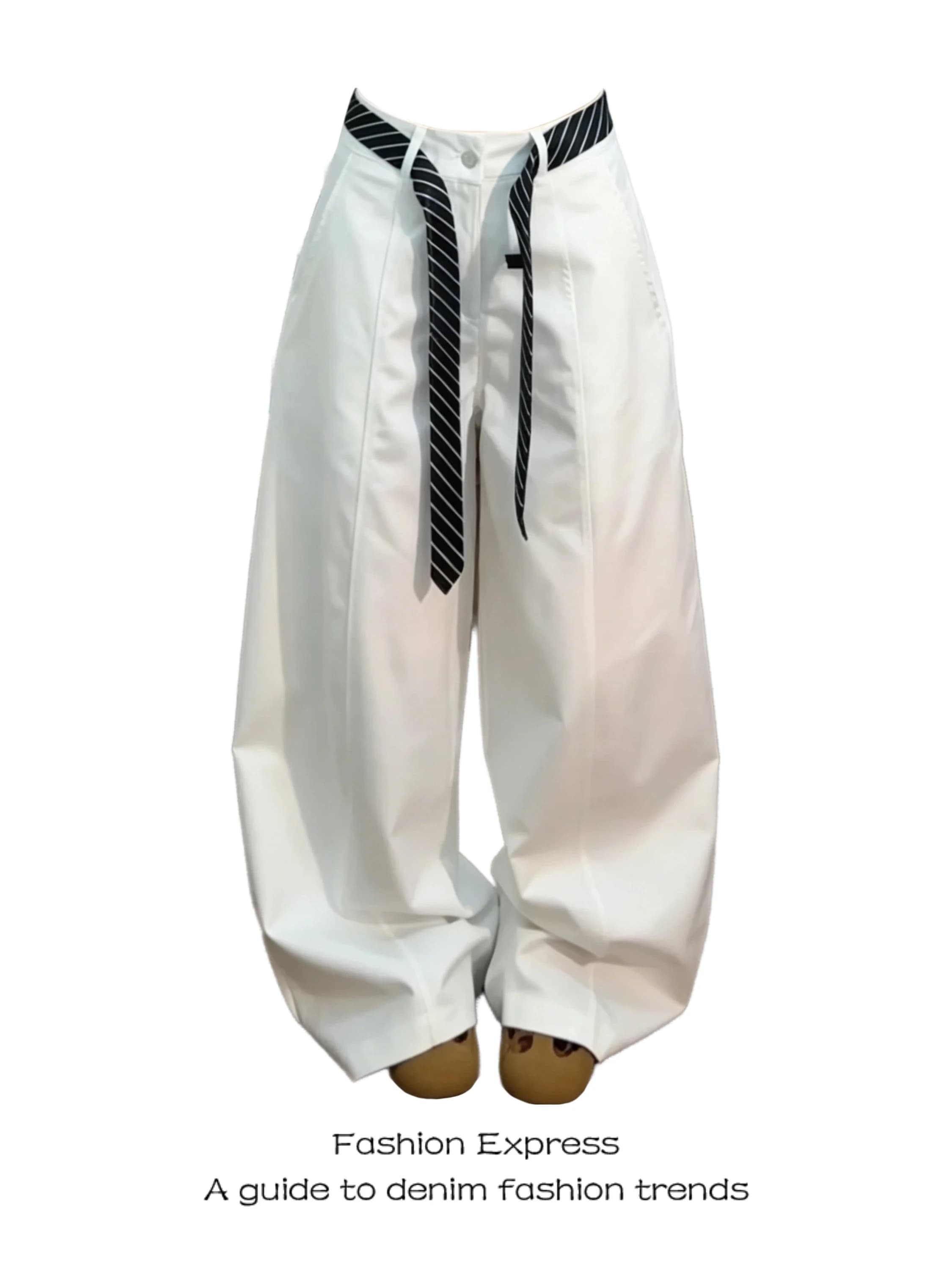 Pantaloni Americani Semplici da Donna a Gamba Larga Bianchi, a Vita Alta, Larghi, con Cintura, Effetto Snellente, Lunghi fino al Pavimento