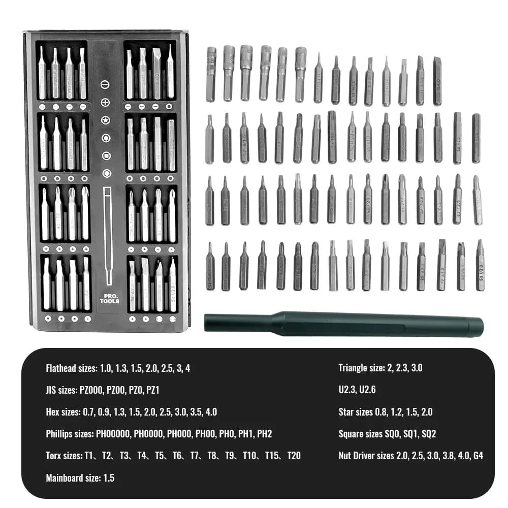Precision magnetic screwdriver set 63 in 1 with Phillips, Torx, hexagonal, Tri-Wing, repair kit for iPhone, laptop, watches, cameras and small devices.