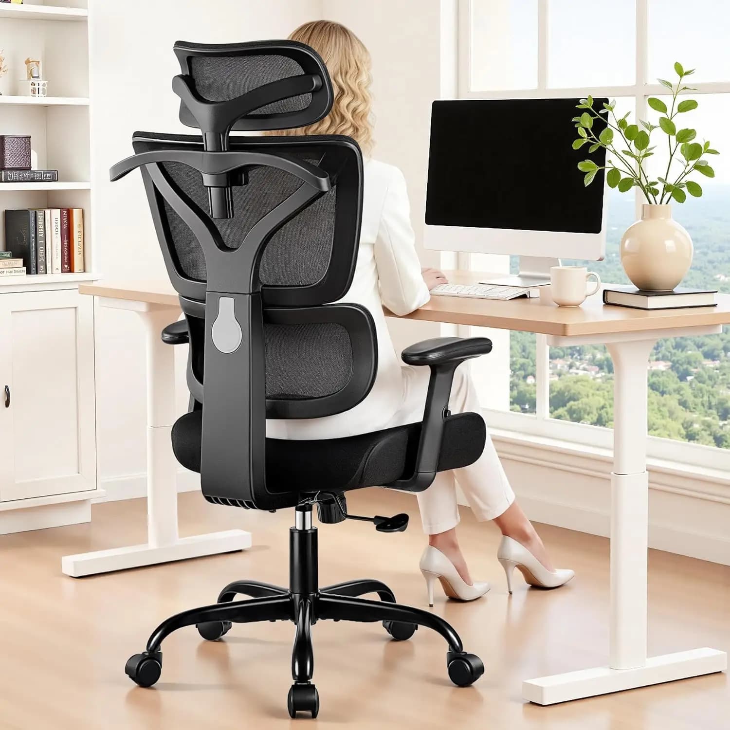 Sedia da Ufficio Ergonomica con Schienale Alto e Supporto Lombare, Sedia da Computer in Rete Traspirante con Braccioli Regolabili in Altezza
