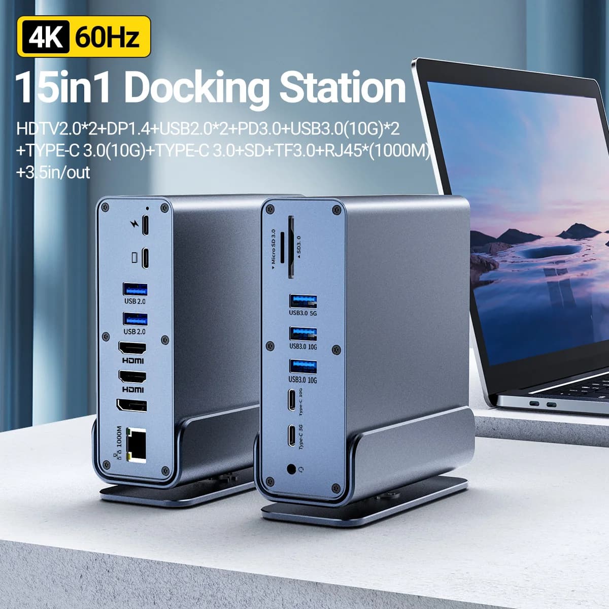 Hub USB C 15 in 1 4K@60Hz, docking station Type C con USB 3.0, HDMI, DP, 100W PD, RJ45, SD, TF, adattatore audio da 3,5 mm per MacBook, laptop e PC