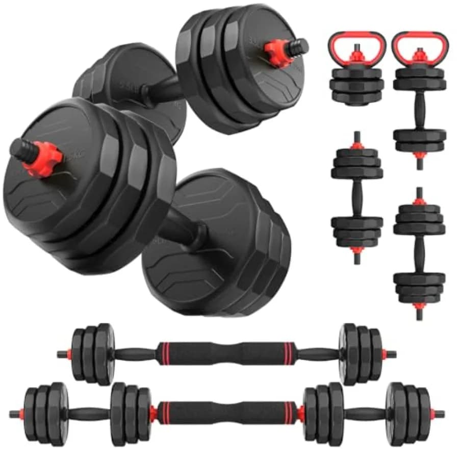 Manubri Regolabili per Home Gym 20-90 libbre in Acciaio Nero Convertibili 2-in-1 o 3-in-1 per Uso con Bilanciere/Kettlebell
