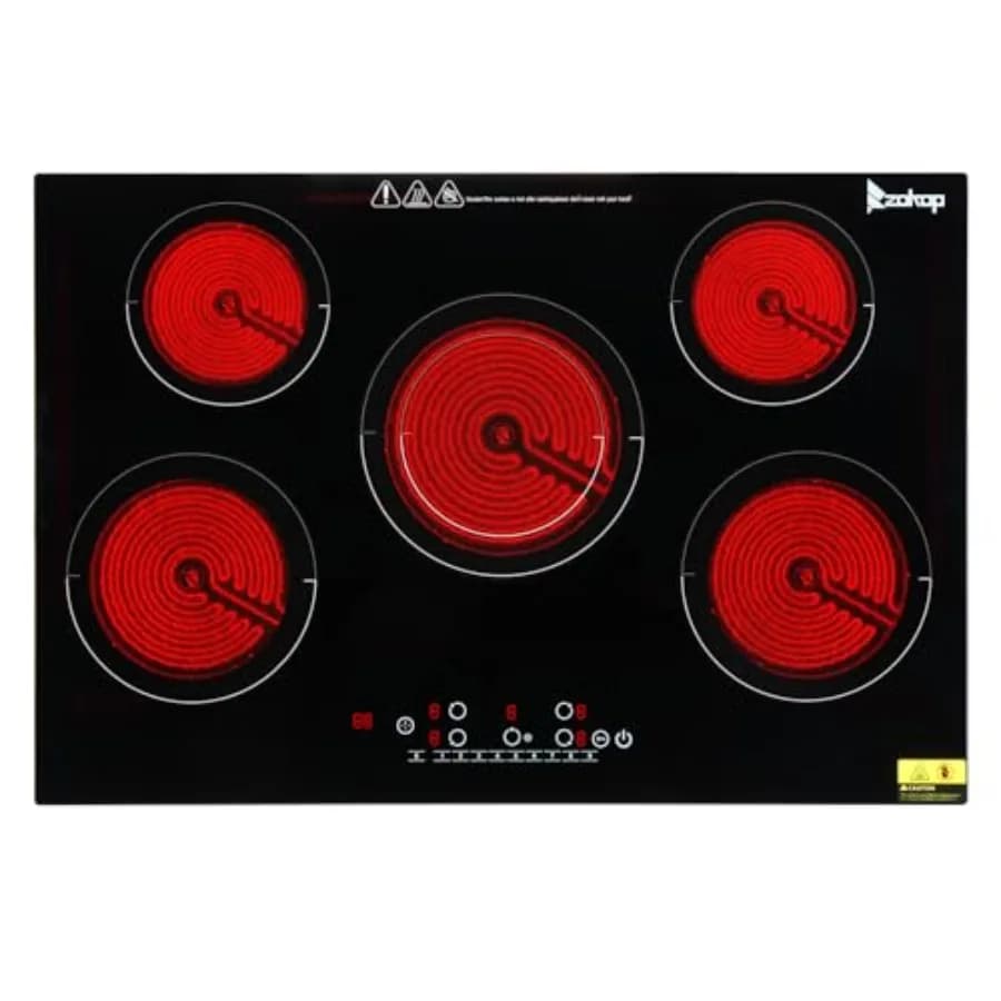 Piano cottura elettrico in ceramica a 5 fuochi da 30 pollici 220-240V con 9 livelli di riscaldamento, blocco di sicurezza per bambini, sensore e controllo touch.
