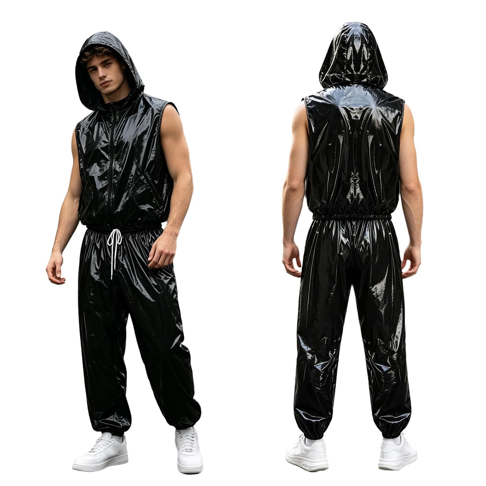 Mens Waterproof Sauna Outfit Glossy Sweat Suit Hooded Tracksuit Hooded Jacket Vest with Jogging Pants for Workout Cycl Training