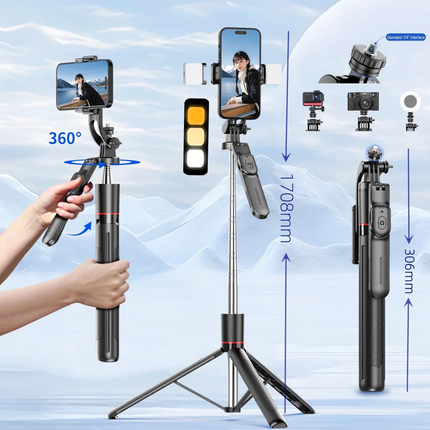 Selfie Stick 1.7 Meter Ultra Long Stretch Portable Phone Holder Bluetooth Remote With Fill light Tripod Stand For Live Broadcas