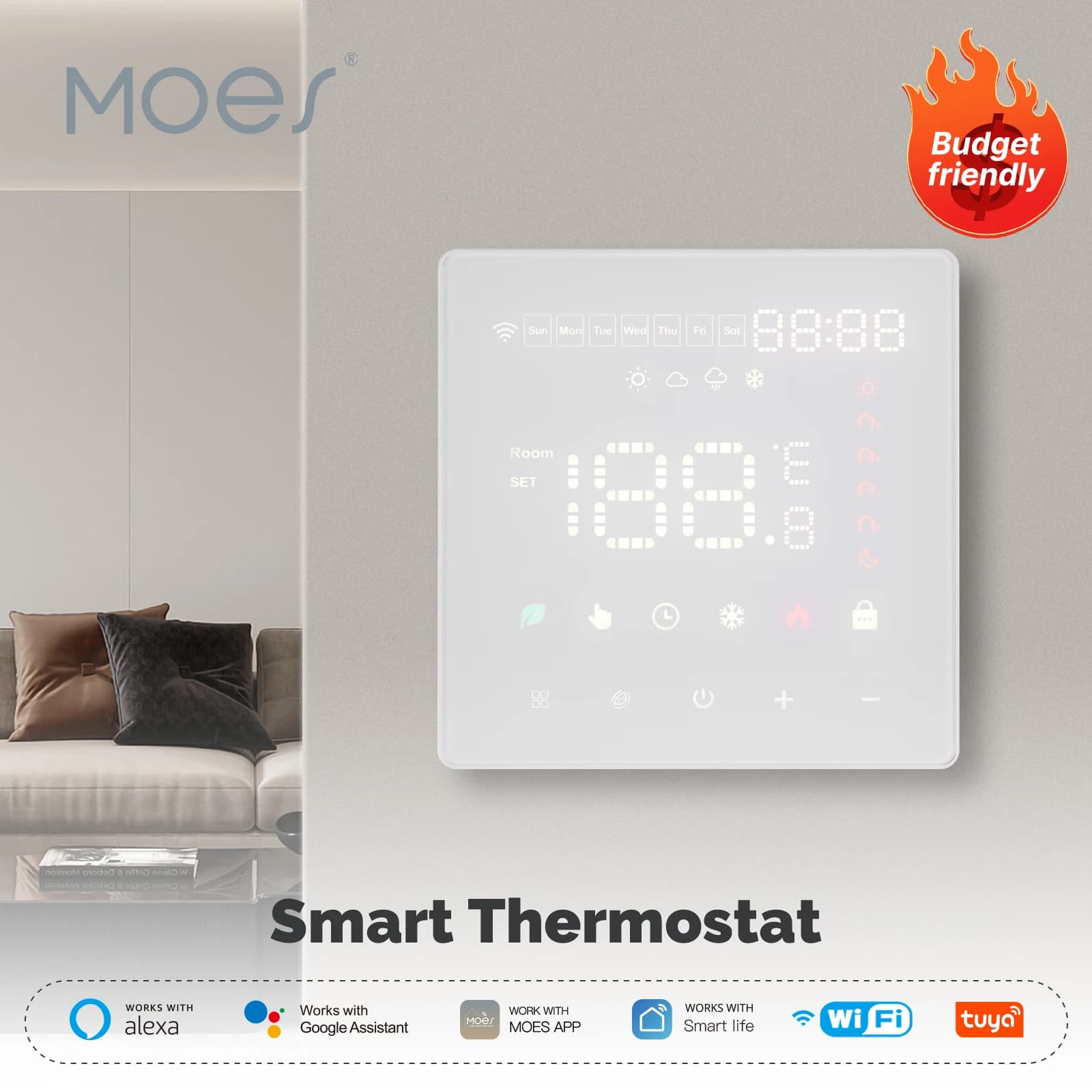 Moes Smart WiFi Zigbee Termostato per riscaldamento a pavimento Compatibile con Tuya Programma di controllo APP Risparmio energetico Blocco bambini Touchscreen