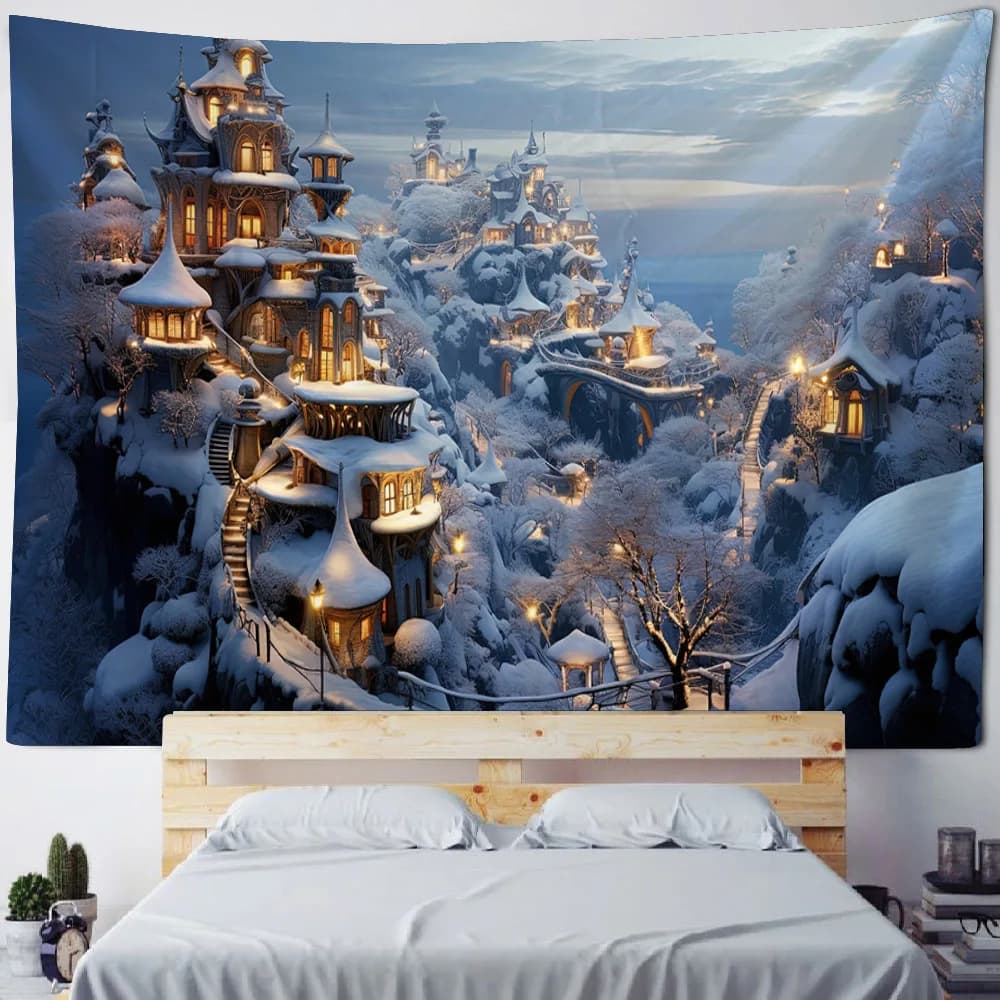 Snow scenery wall decoration tapestry forest house Christmas home living room bedroom wall hanging background poster