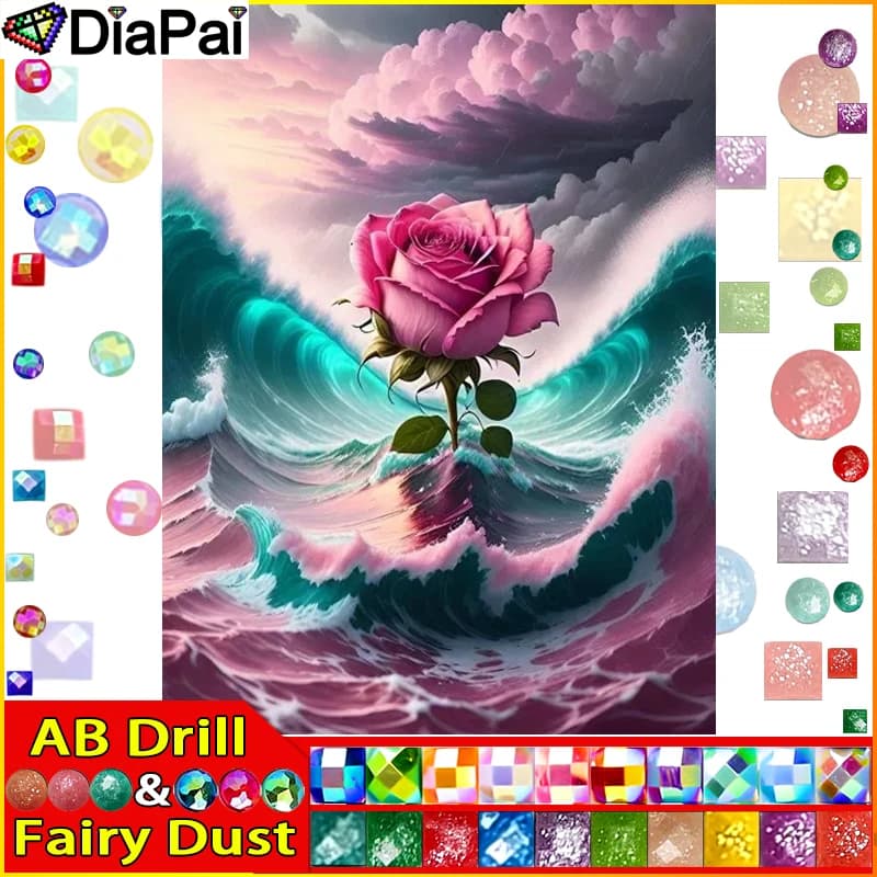 DiaPai Fairy Dust AB Diamond Painting Full Square/Round Drill 5D DIY "Beach Rose" Daimond ricamo strass punto croce