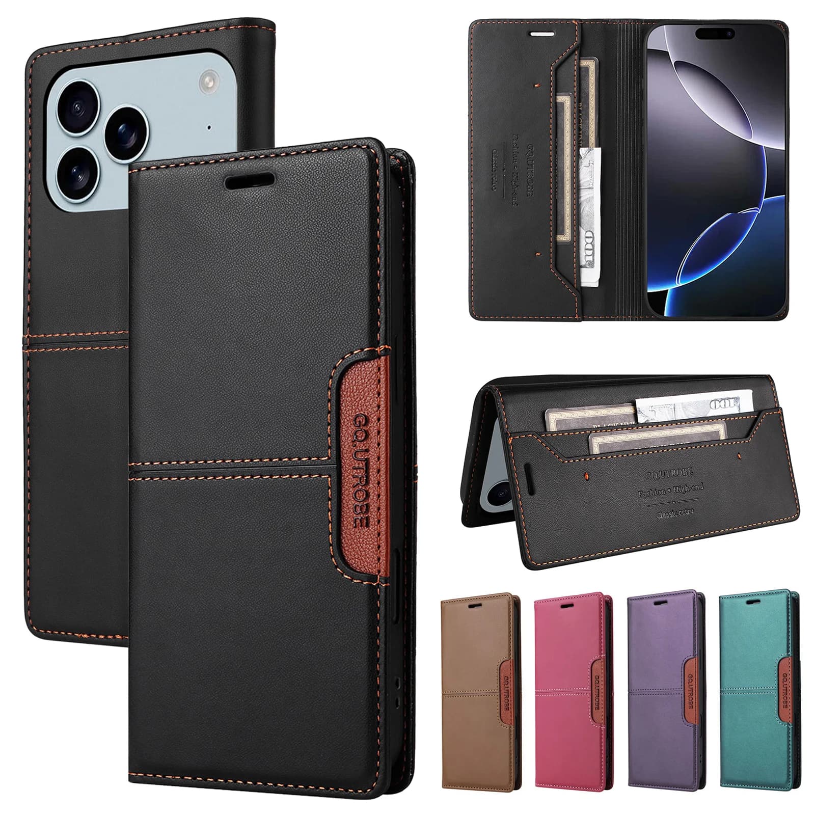 Custodia in Pelle Anti-Furto con Chiusura a Scatto e Porta Carte per iPhone 17 16 Pro Max Air 16E 15 14 13 12 11 Pro XS XR Max 8 7 Plus SE