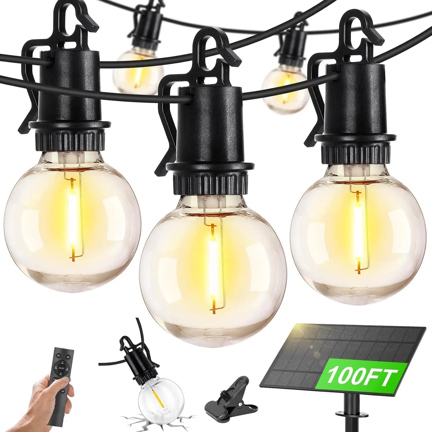 Luci Solari a Stringa da Esterno Impermeabili da 30 Metri con Telecomando, Porta USB, 32 LED Infrangibili Dimmerabili per Giardino, Patio, Cortile, Campeggio