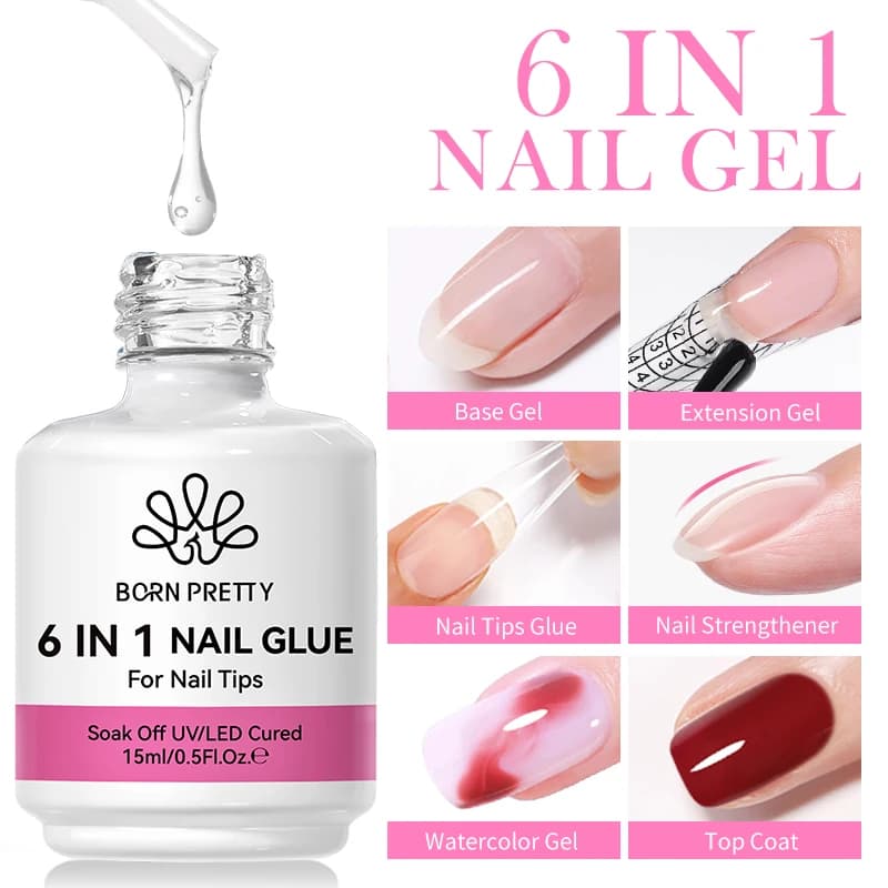 BORN PRETTY 15ml 6 IN 1 Colla per unghie Gel per unghie acriliche Soak off Gel base Top Coat Estensione UV Gel per unghie Punte per unghie finte Gel