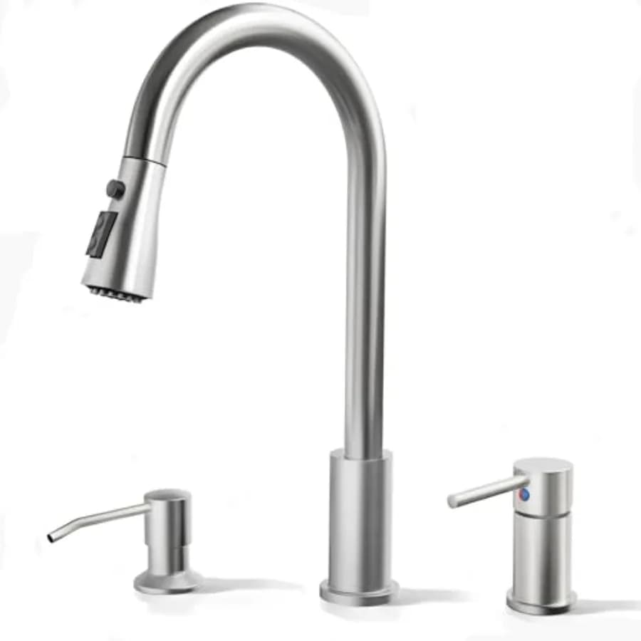 3 Hole Kitchen Faucets, Kitchen Faucet with Soap Dispenser, Kitchen Faucets with Pull Down Sprayer and Single Side Handle 3 Pie