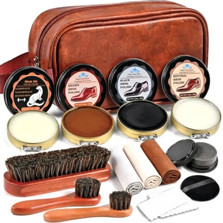 Kit Lucidatura Scarpe Cieex 15 Pezzi con Lucidante Nero, Marrone e Neutro, Olio di Visone, 3 Spazzole in Crine di Cavallo, Kit per Lucidare le Scarpe