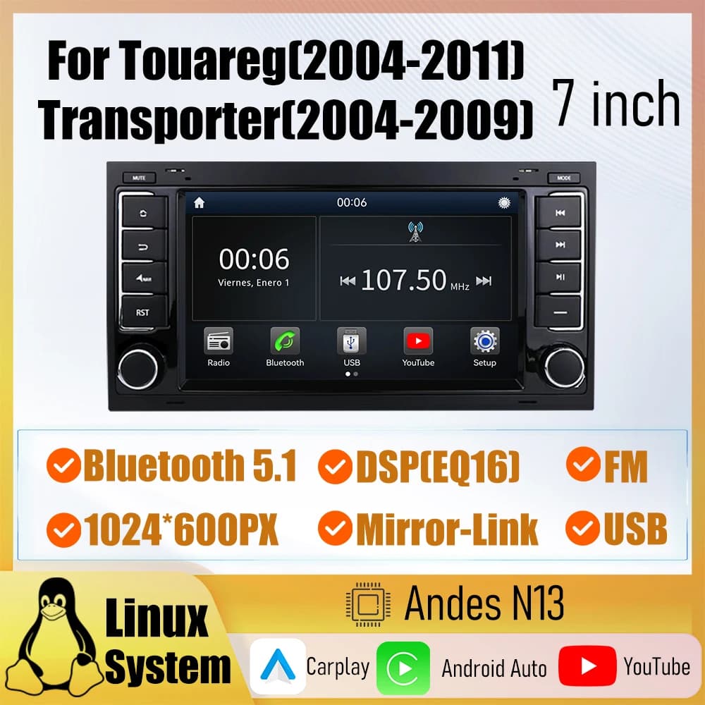 Autoradio 7 pollici per Touareg/Transporter con sistema Linux, Carplay wireless, Android Auto cablato, USB, Bluetooth 5.1, FM, MirrorLink