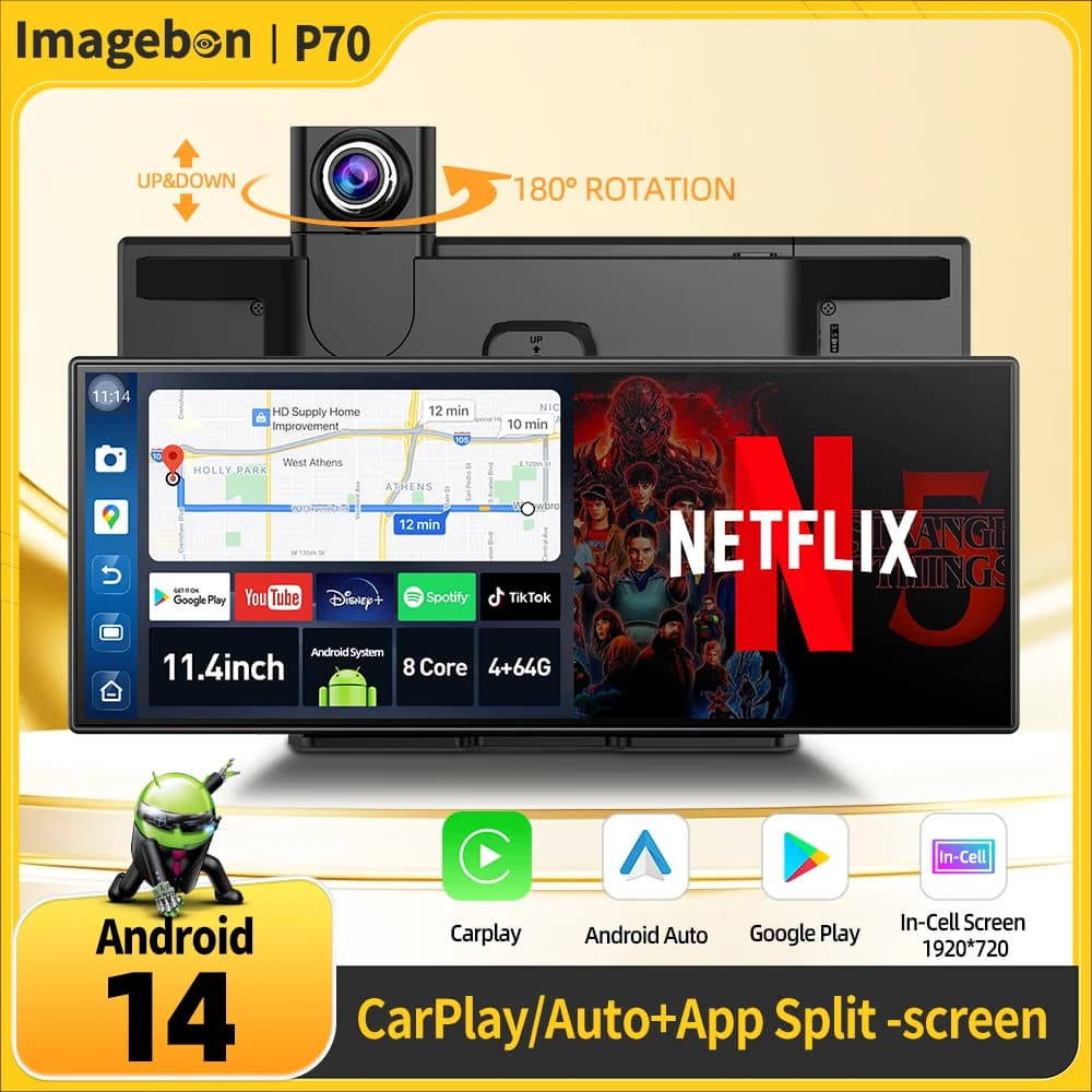 Imagebon P70 11.4" Android 14 8Core DVR Telecamera tripla carplay/app: App Registratore a schermo diviso Youtube Spotify AI Dash Cam