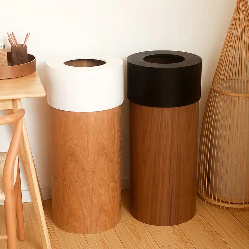 Cestino per Rifiuti Grande Rotondo in Noce Nero, Bidone in Legno per Hotel e Uso Commerciale, Cestino Minimalista di Alta Gamma