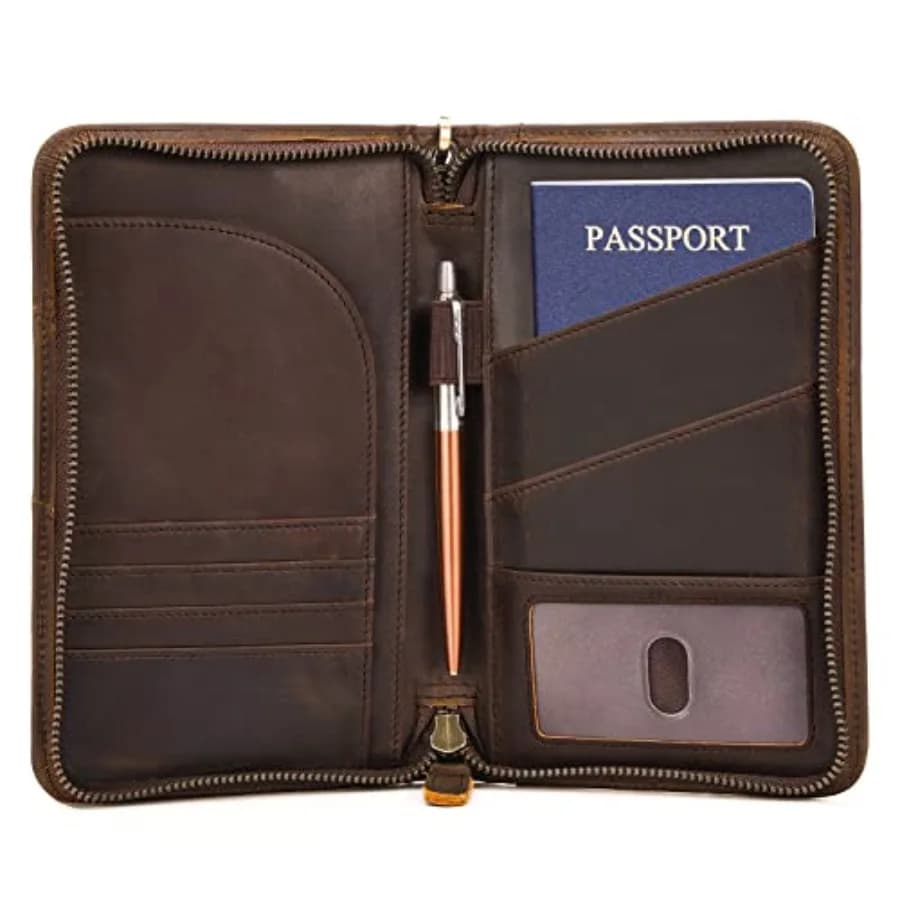 Porta Passaporto in Pelle Pieno Fiore Polare con Cerniera YKK, Blocco RFID, Organizzatore Documenti da Viaggio, Porta Biglietti, Custodia per 2 Passaporti