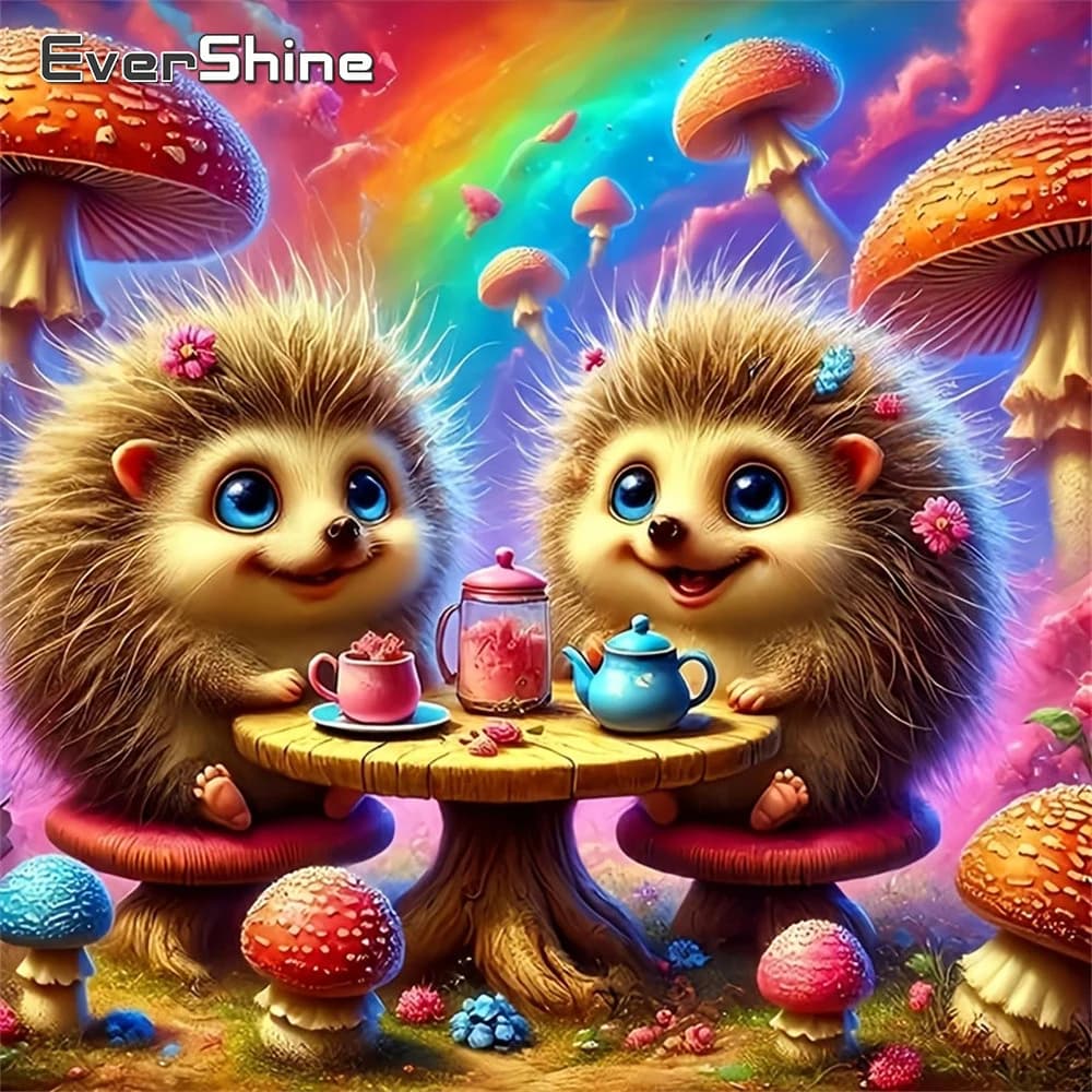 Evershine Quadro Ricamato 5D con Diamanti, Animale Riccio, Pittura con Strass, Mosaico a Copertura Totale, Decorazione Murale a Forma di Fungo Arcobaleno