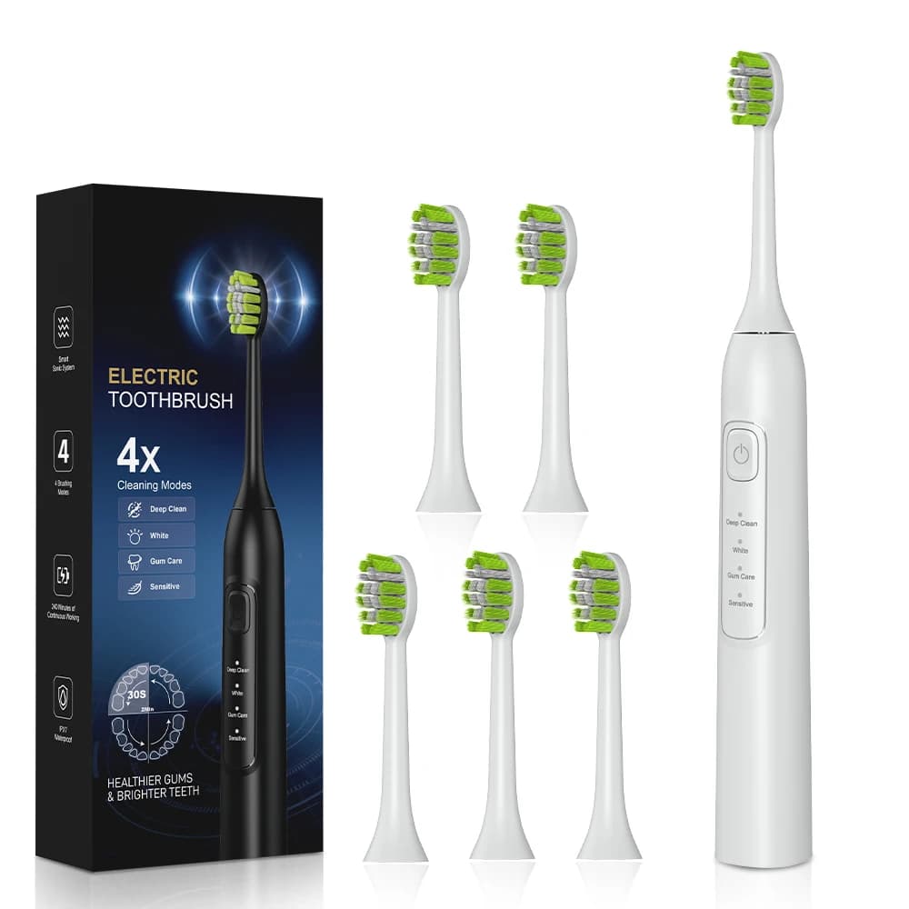 Ultrasonic electric toothbrush, waterproof toothbrush with 6 toothbrush heads, USB charging, deep tooth cleaning