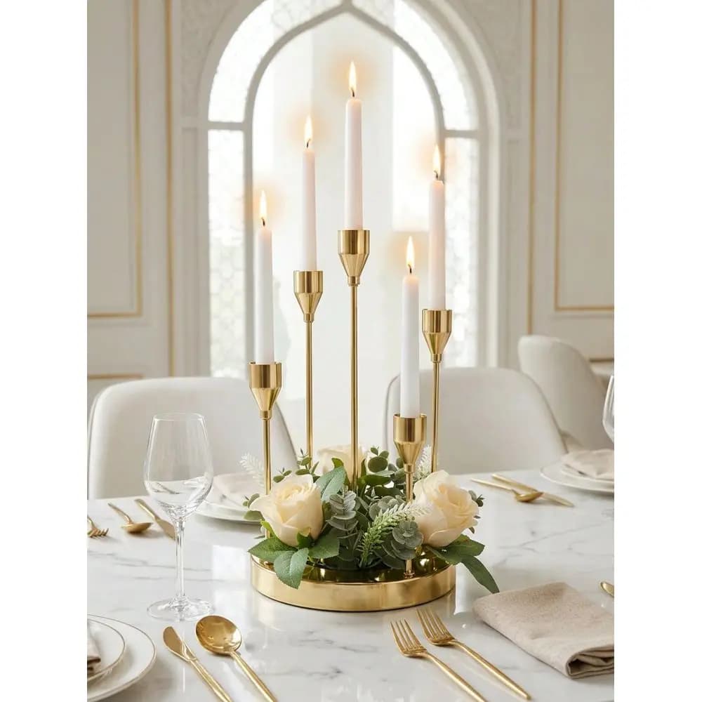 Taper FiveArm Candlesticks, Romantic Metal Candle Holders With A Long Stem, The Widened And Thickened Base Prevents It From Tip