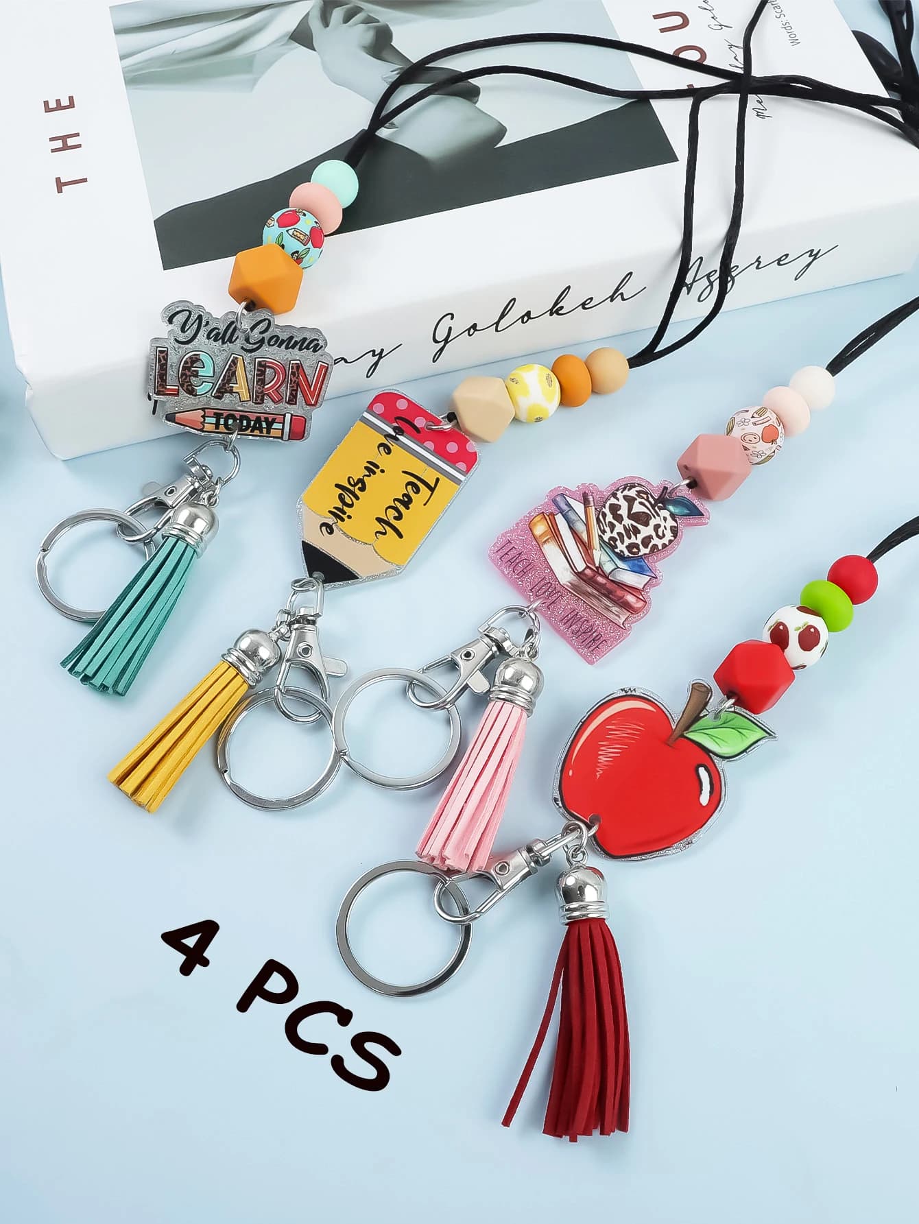 Set di 4 pezzi di materiali per la festa degli insegnanti, corda per appendere perline in acrilico e silicone, portachiavi, certificato portachiavi, cordino per appendere tessere autobus.