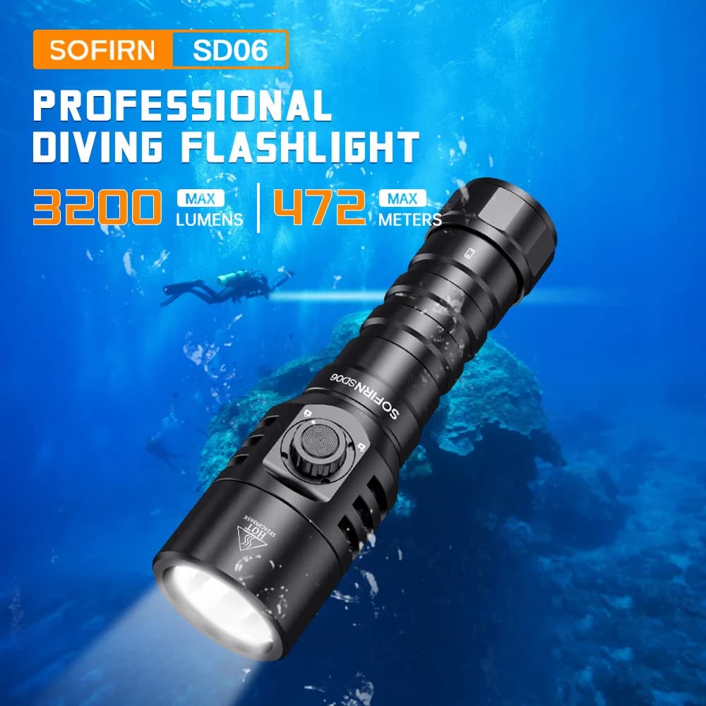 Torch Sofirn SD06 SFT70 3200lm Rechargeable, LED Light Powerful for Diving Profonde, Battery 21700, Usable Under 100M