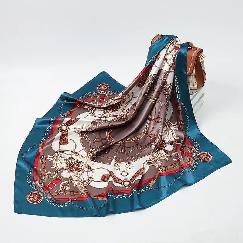 90*90cm Luxury Chain Silk Square Scarf Woman Bandana Satin Hair Wrap Neckerchief Headband Foulard Hijab Bandana Hair Accessories