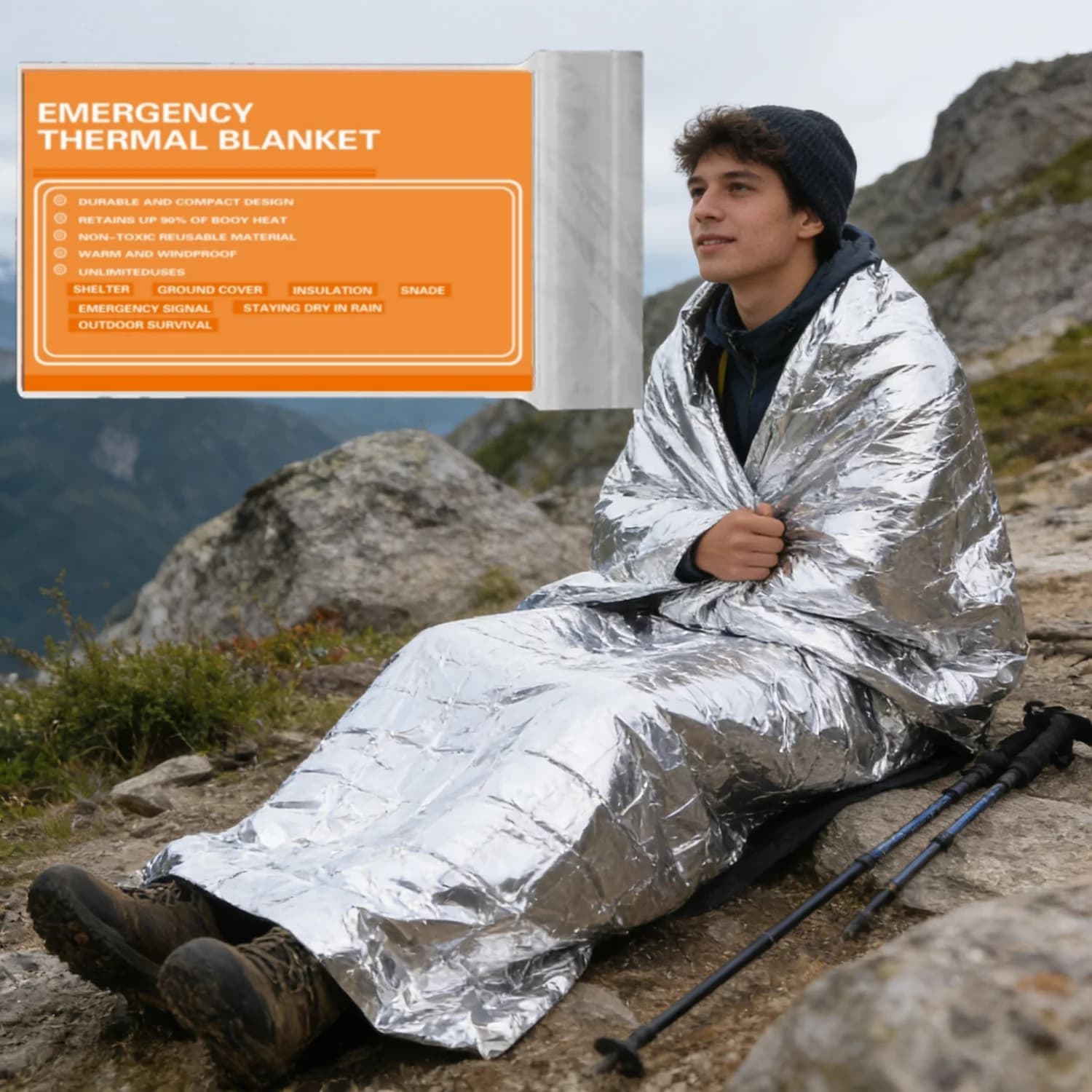Coperta Termica Compatta Antivento, Coperta di Emergenza Portatile per Campeggio e Avventure all'Aperto