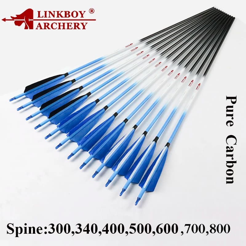 Linkboy Tiro con l'arco Frecce in carbonio SP800 ID6.2mm 32 '' Piuma di tacchino Arco ricurvo composto Caccia e tiro 12 PZ