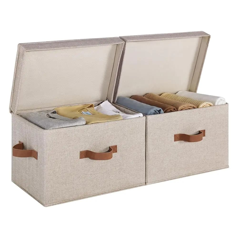 Contenitori in tessuto con coperchio, Scatole decorative per scaffali, Cesto organizer impilabile per armadio con manici, Grande, G