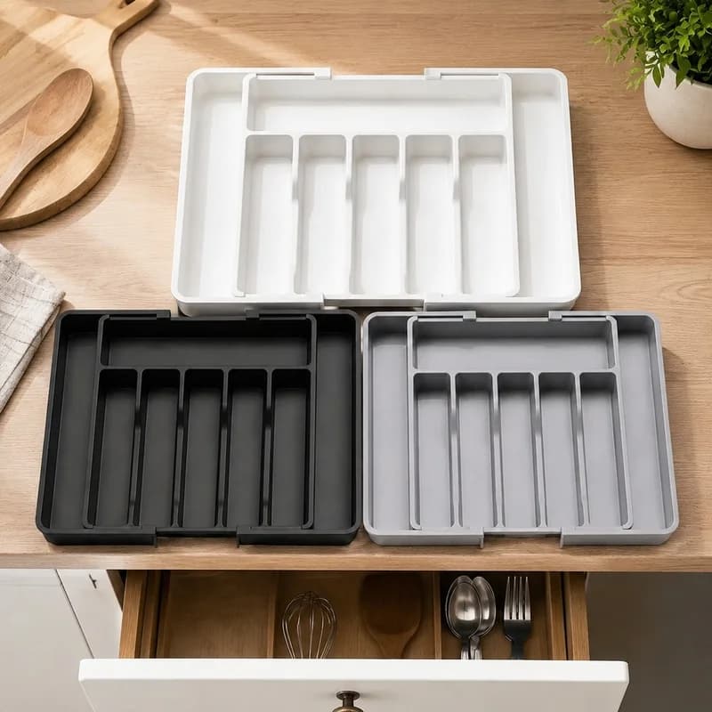 Adjustable Plastic Drawer Tray with Compartments for Neatly Storing Kitchen Knives, Spoons, and Utensils