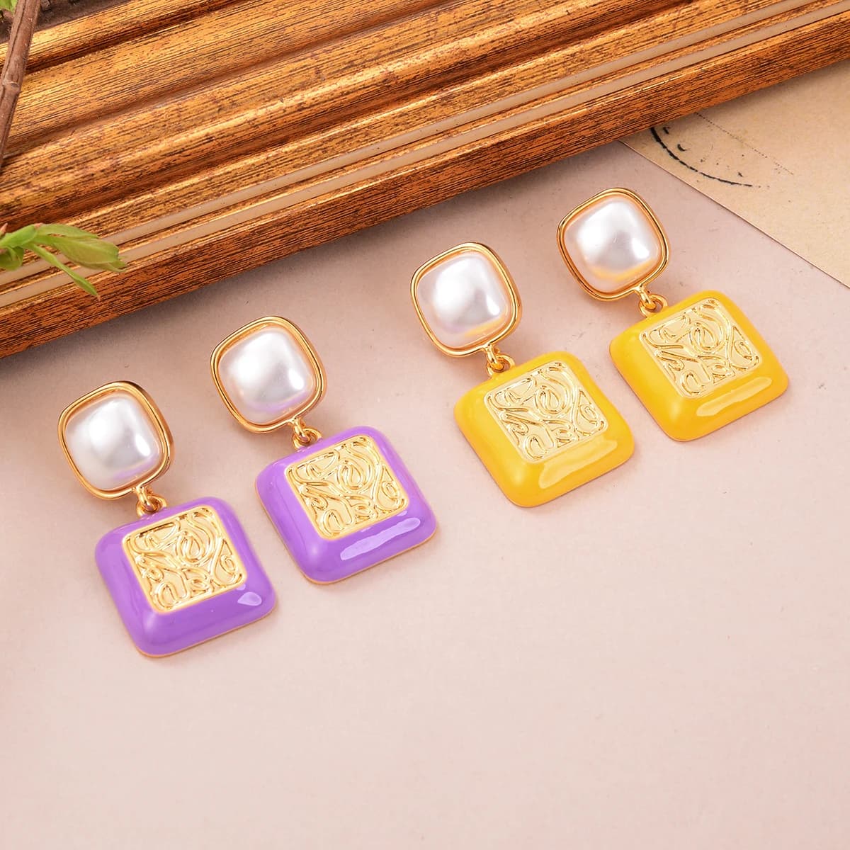 Women's Fashion Square Earrings, Color Gold Earrings, Trendy Gift Jewelry