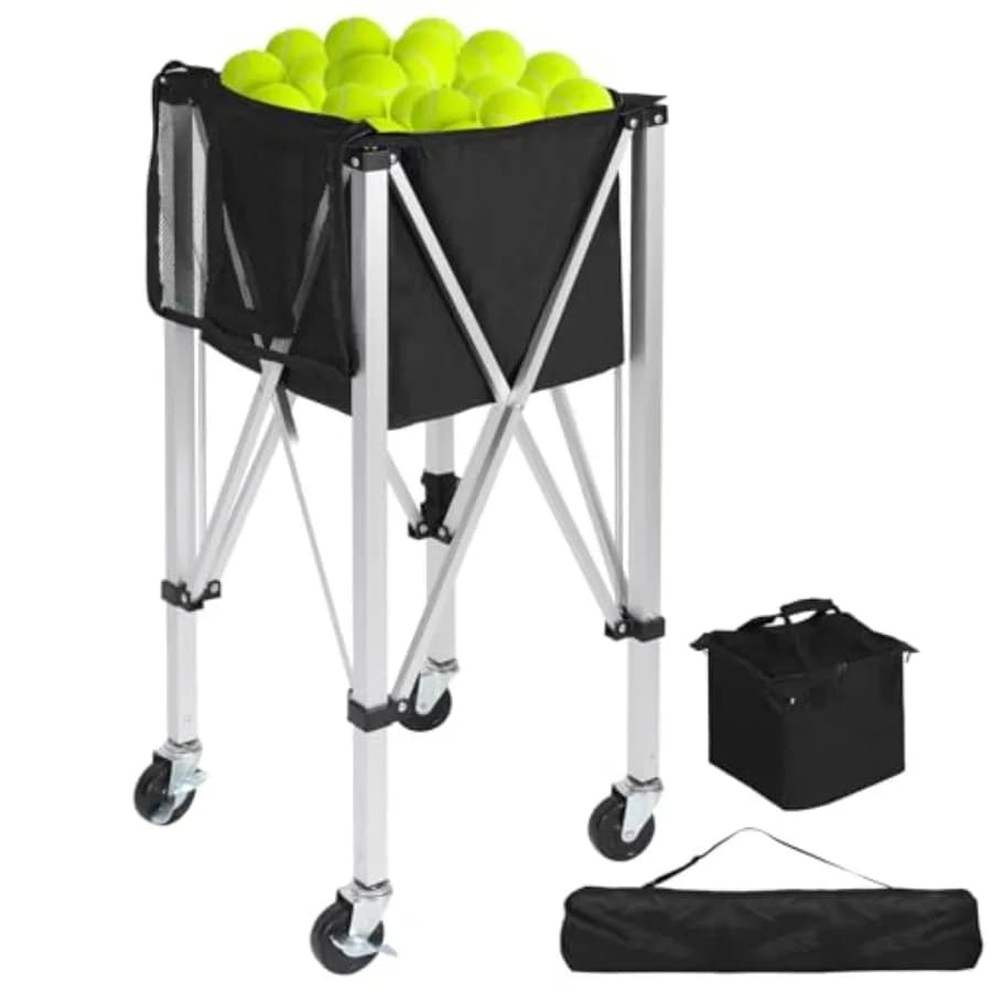 Carrello Portapalle da Tennis Portatile con Capacità di 200 Palline, Borsa in Tessuto Oxford Nero, 4 Ruote con Freni per Allenamento Tennis e Pickleball