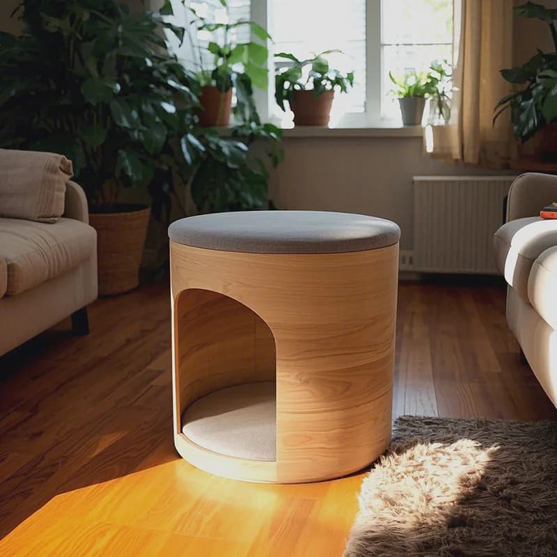 Cylindrical solid wood cat bed stool - all-in-one cat nest for cats and owners