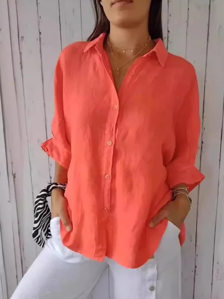 Nuove donne camicie di lino in cotone elegante fiocco posteriore con lacci camicia casual solida primavera estate camicetta a mezza manica con risvolto top larghi