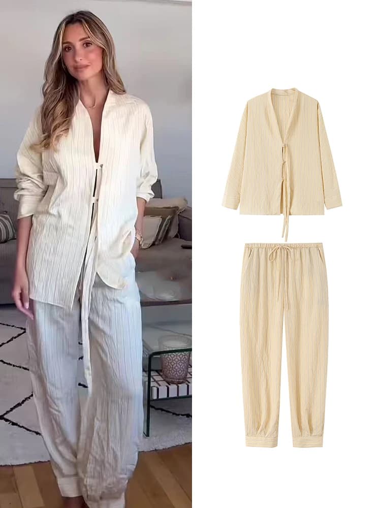 TFMLN Autumn New Women Pant Set Striped Print V Neck Long Sleeve Loose Button Shirts+High Waist Trousers Fashion Leisure Set