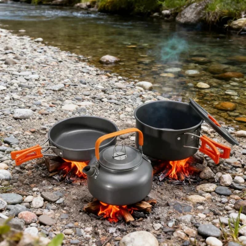 Set di Padelle Antiaderenti Portatili per Campeggio e Picnic, per 2-3 Persone, con Fondo Piatto, per Uso Esterno