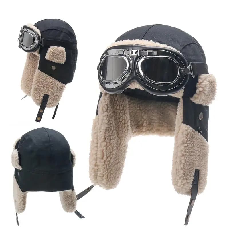 Cappello da pilota con occhiali per berretto da sci invernale con protezione per le orecchie Cappello da sci da esterno antivento Berretti caldi per lo sci in campeggio