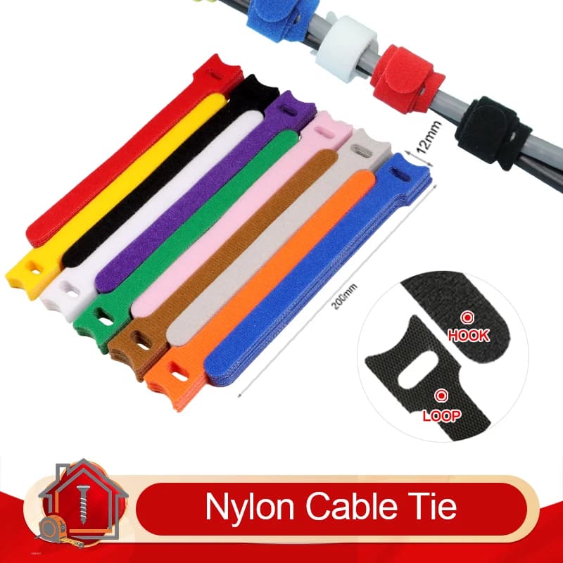 50-500 Pezzi Fascette in Nylon con Gancio e Anello 12x200mm, Nastro Tipo T Riutilizzabile, Organizzatore di Cavi Regolabile